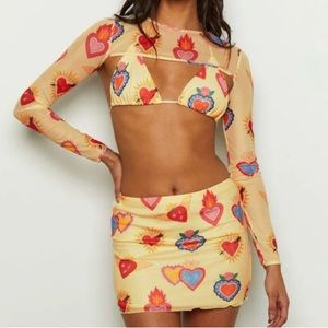 Beginning Boutique Yellow Heart Printed Mesh Bra + Crop + Skirt Set